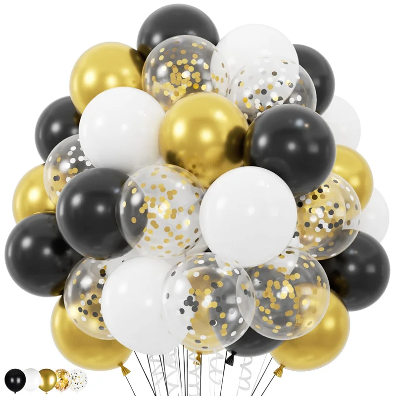 ABJO-100Pc Gold Black And White Balloons With 12In Metallic Gold And Black Confetti Balloons For Class Of Graduation Ceremony