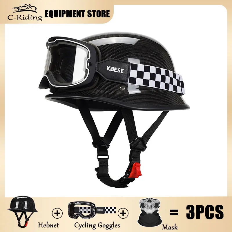 DOT Approved Half Face Helmet with Goggles 1/2 Low Profile Motorcycle Open Helmets Carbon Fiber Shell Cascos Para Motos