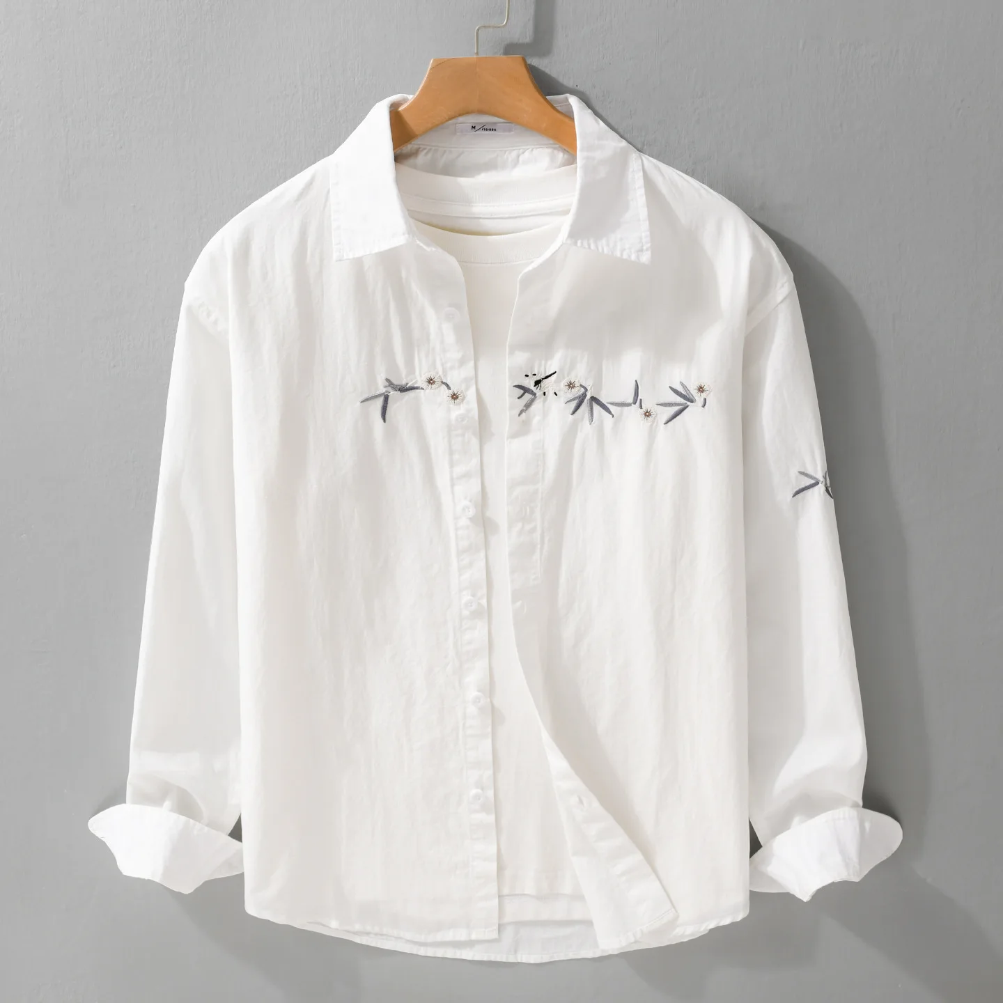 

Men's Casual Long Sve Pure Color irt Lapel Design Embroidered Spring Autumn Loose Fit Cotton Western Sle Top