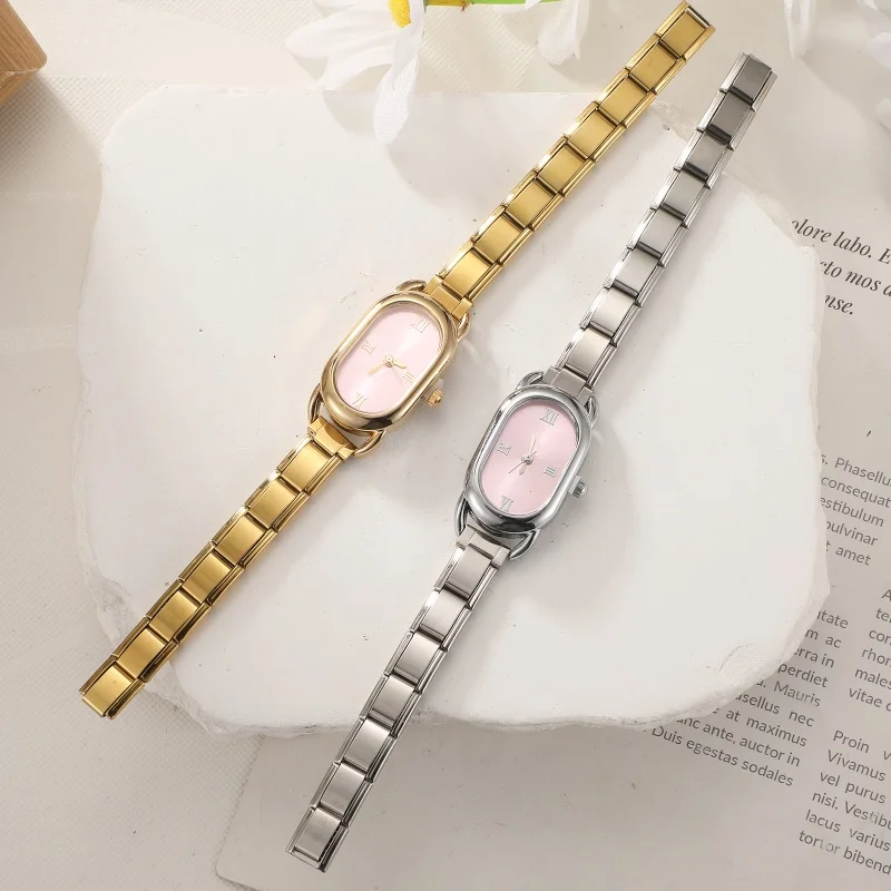 New Wholesa Roman Numerals Colorful Oval Watch Bangle DIY 9mm Stainless Steel Italian Charm Women Watch Head Chain Bracelet