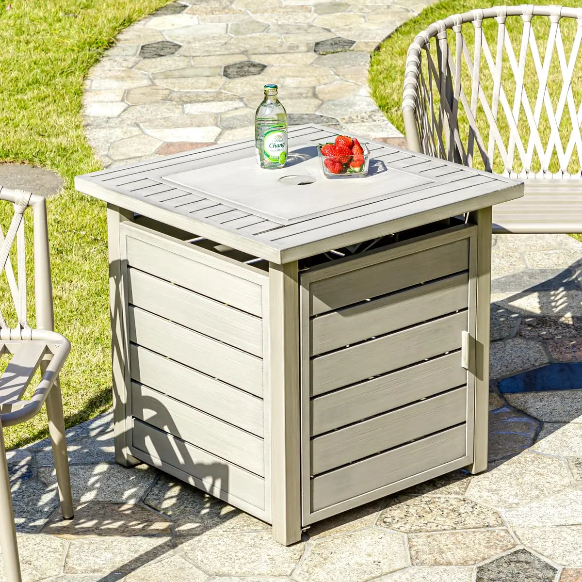 Propane Fire Pit with Lid &Lava Rocks, Gas Fire Pits Table for Outside, Light Grey Fire Pit Table for Dinning, Party, Patio