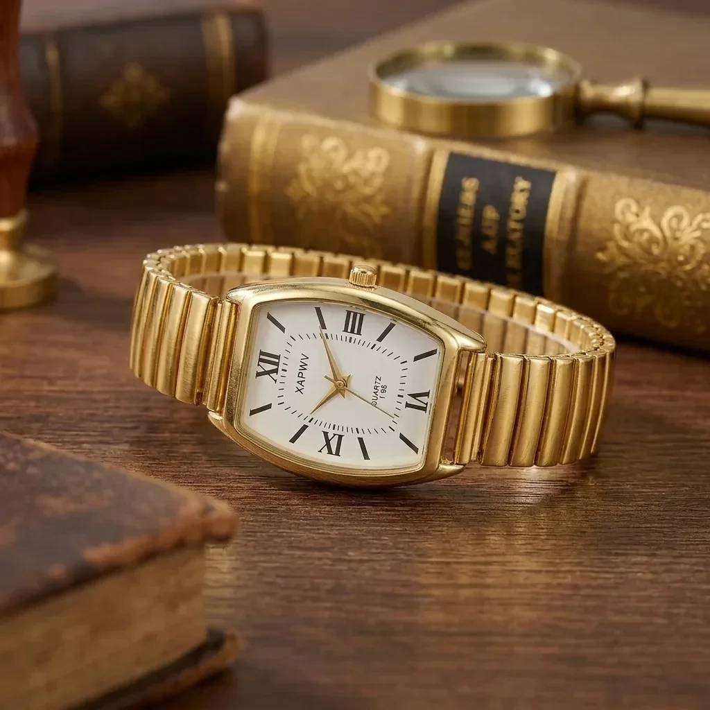 

Gold Elastic Strap Retro Ladies Quartz Watch Rectangle Roman Dial Minimal Waterproof Women Wrist Watch Elegant Dress Accessory For Daily Office Travel Dating