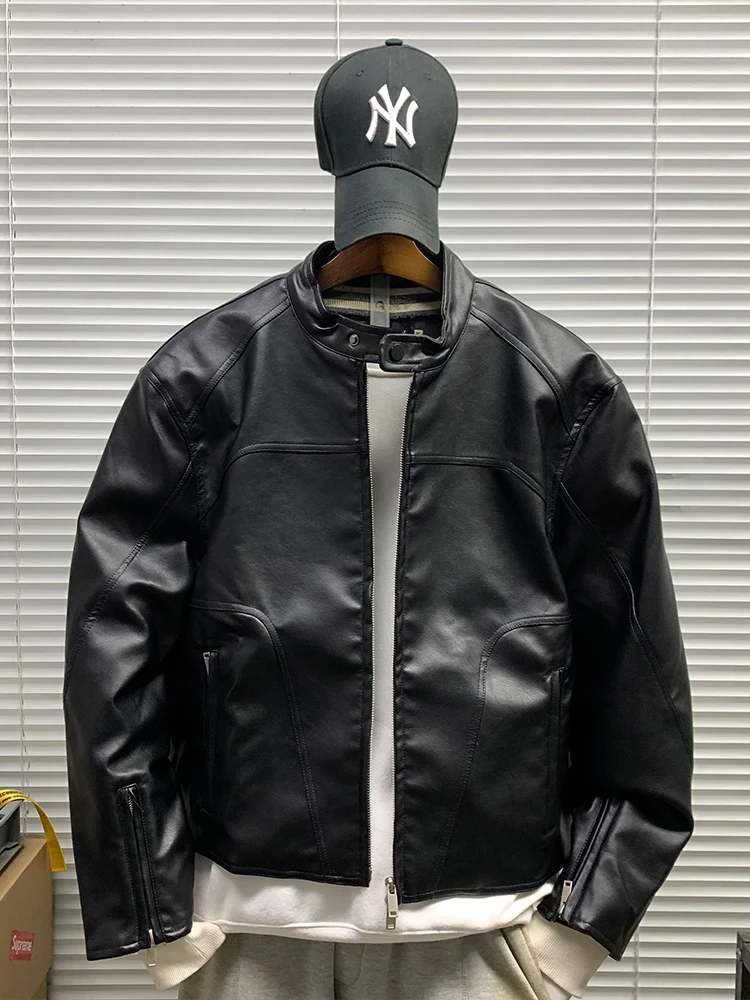 

Повседневное свободное мужское байкерское пальто из искусственной кожи с воротником-стойкой, универсальная осенняя верхняя одежда для молодых мужчин