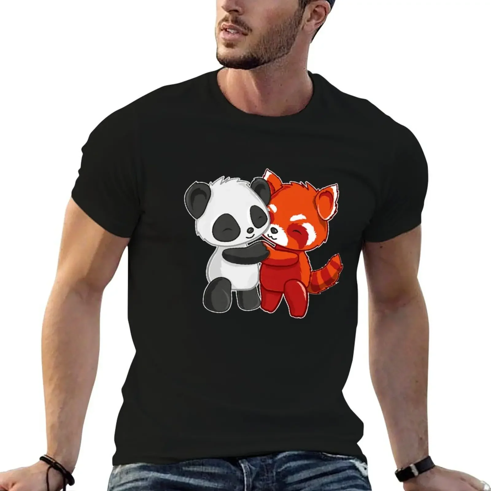 Chibi Panda Bear Hugs Red Panda, Cute Red Panda Design For Men Women T-Shirt anime anime clothes slim fit t shirts for men