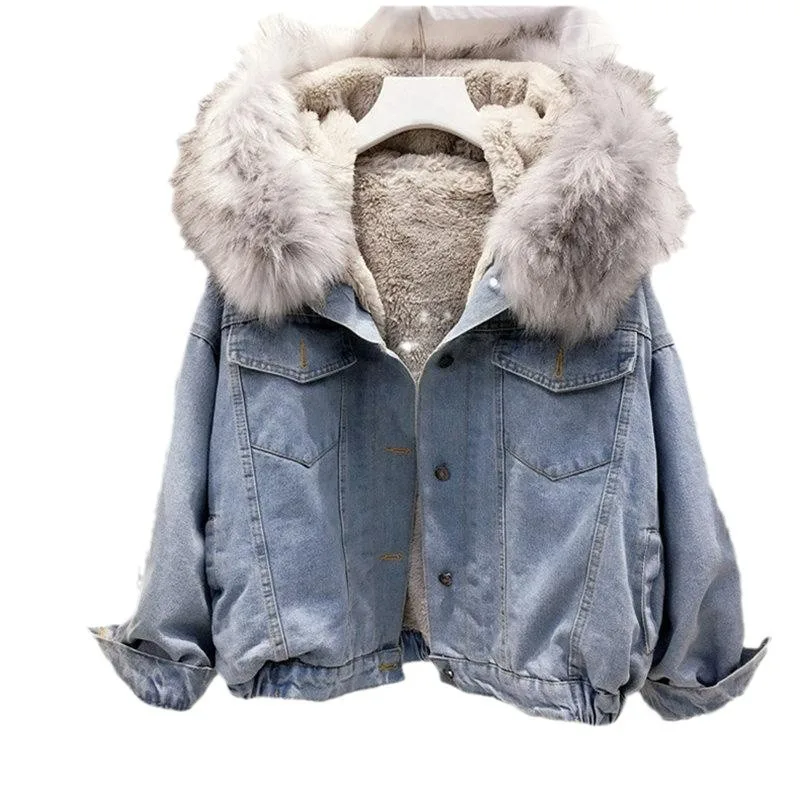 Women's Clothing Autumn Winter Denim Jacket Warm New Coats Fleece Lining Thickened Large Fur Collar Korean Lambswool Outerwear