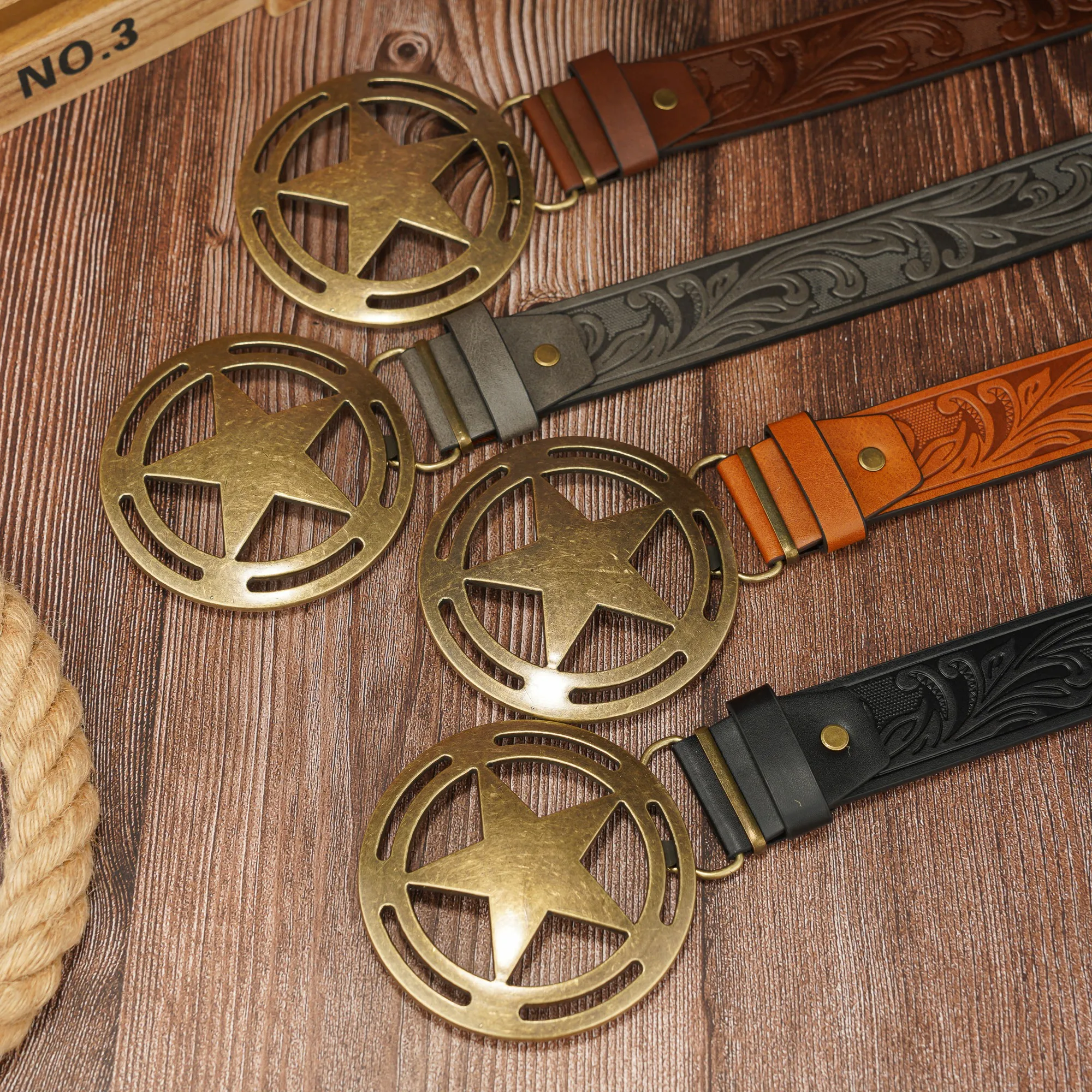 Magic five star button retro fashion PU embossed belt