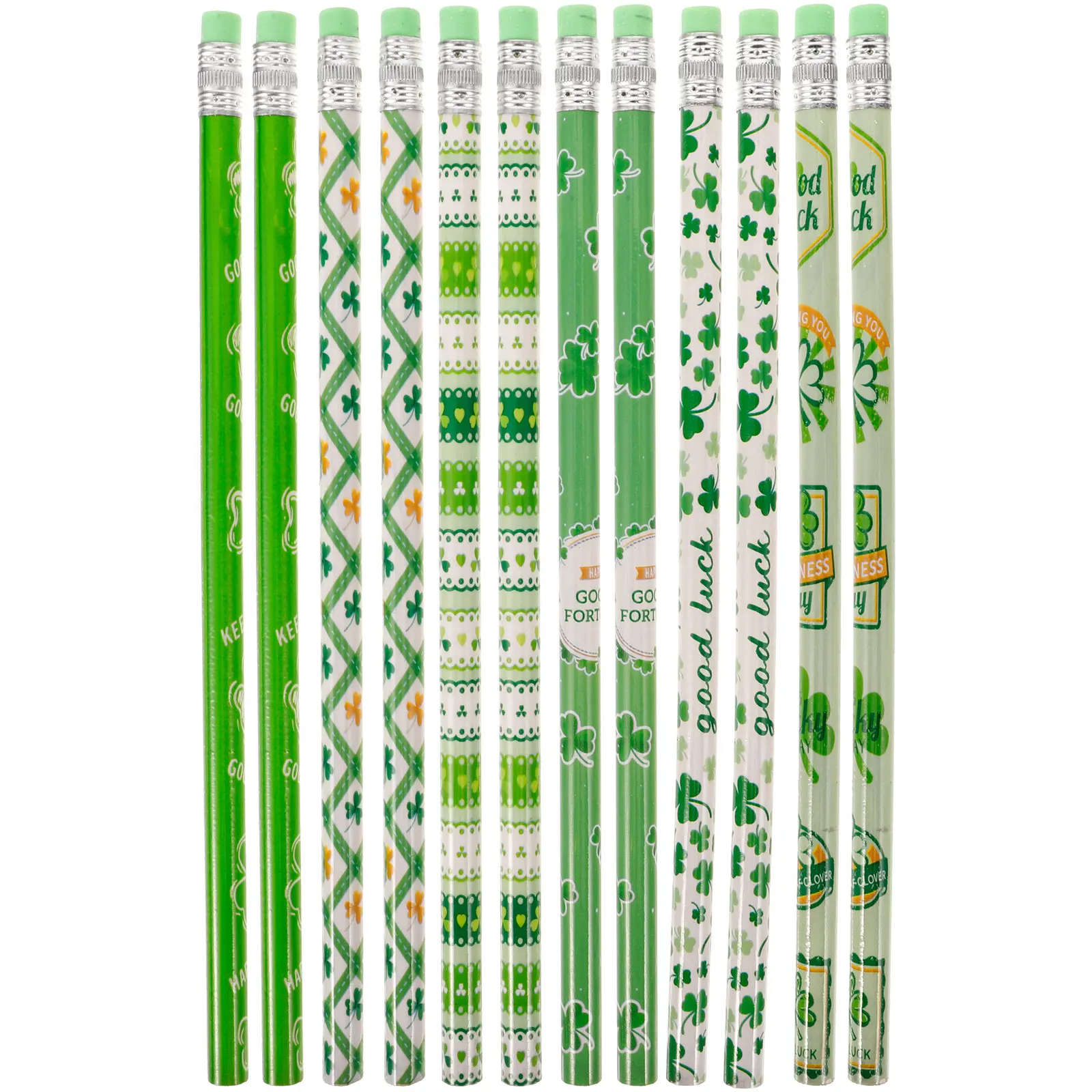 12Pcs Four Leaf Clover Wood Drawing Pencils Non-Latex Eraser Smooth Writing Pencils School Supplies St Patrick Day Gift