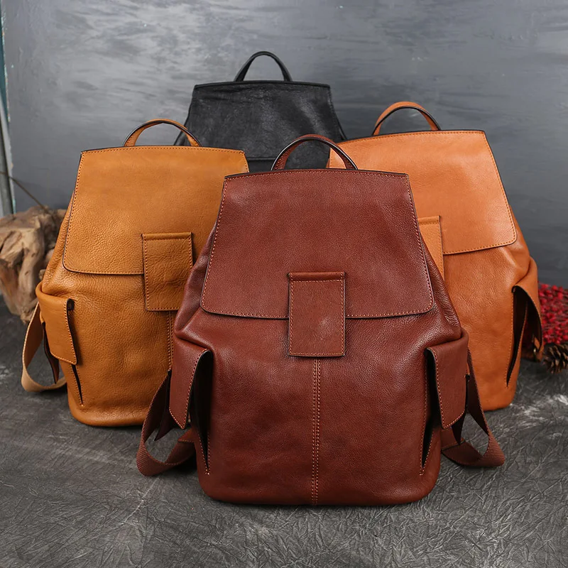 Johnature Retro 2024 New Genuine Leather Backpack Large Capacity First Layer Cowhide Women Bag Leisure Solid Color Travel Bags