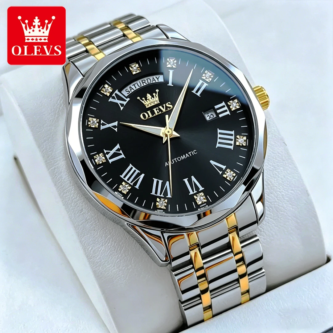 OLEVS Men Watches Business Fashion Roman Dial Fine Steel Original Automatic Mechanical Wristwatch Waterproof Luminous Date Week