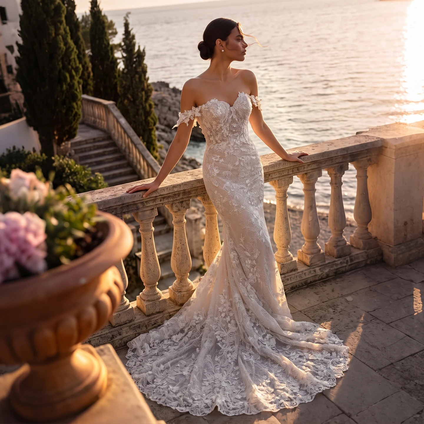 Sheer Fairy Wedding Dress Luxury Mermaid Off Shoulder Tulle Button Dubai Engagement Bridal Gowns with Big Train SW763 Customized