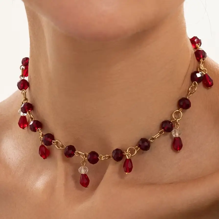 SHIXIN Vintage Exquisite Black Red Crystal Beaded Tassel Pendant Necklace Women Gothic Handmade Clavicle Chain Halloween Jewelry