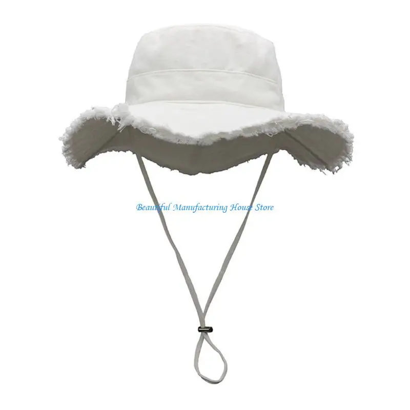 

E56A Summer Fisherman Hat for Women Outdoor Bucket Hat Frayed Wide Brim Cap