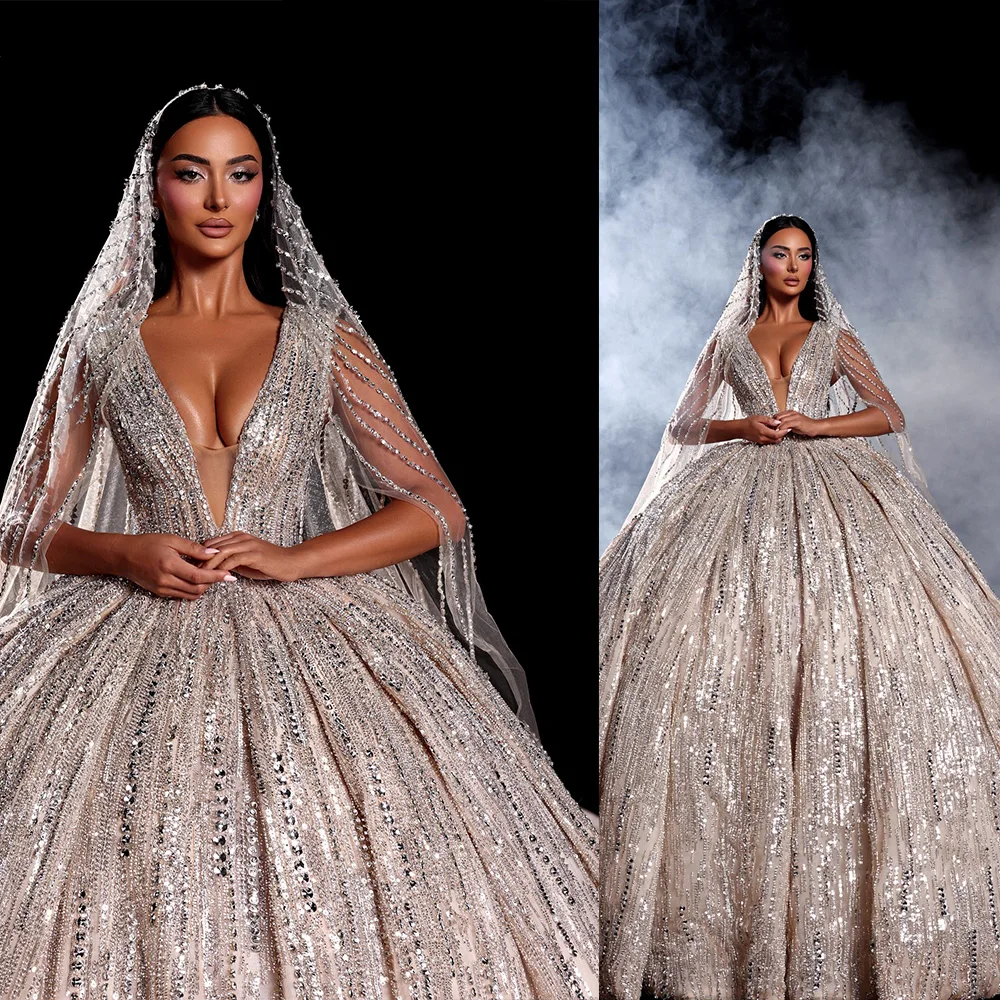 

Gorgeous Ball Gown Wedding Dresses Sexy Deep V Neck Sequins Applicant Pearls Chapel Custom Made Sweep Train Vestidos De Novia