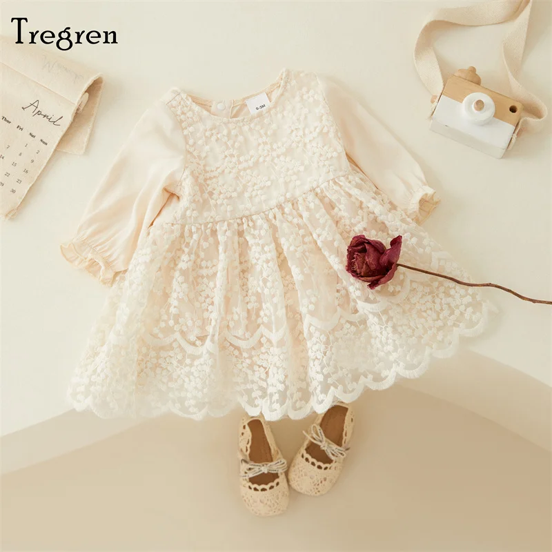 Tregren Cute Infant Baby Girl Romper Dress Spring Fall Long Sleeve Round Neck Patchwork Lace Party Princess Dress For 0-18M