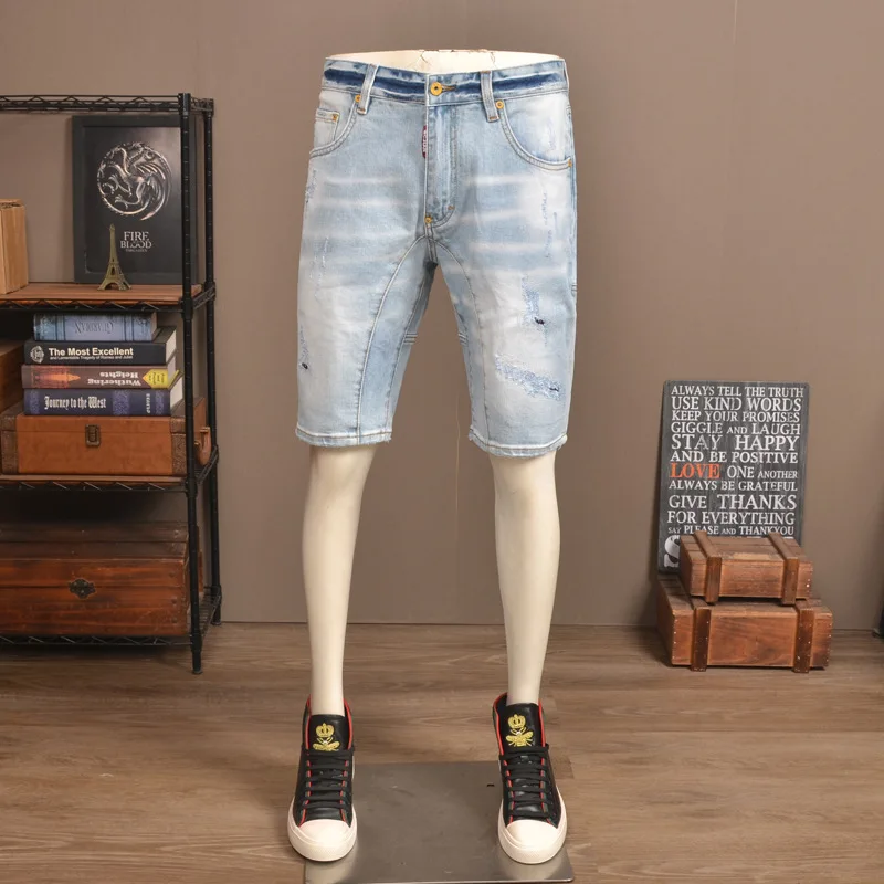 

Summer ripped denim shorts for men, high-end fashion, stretchy slim fit, retro high street splicing casual five quarter pants