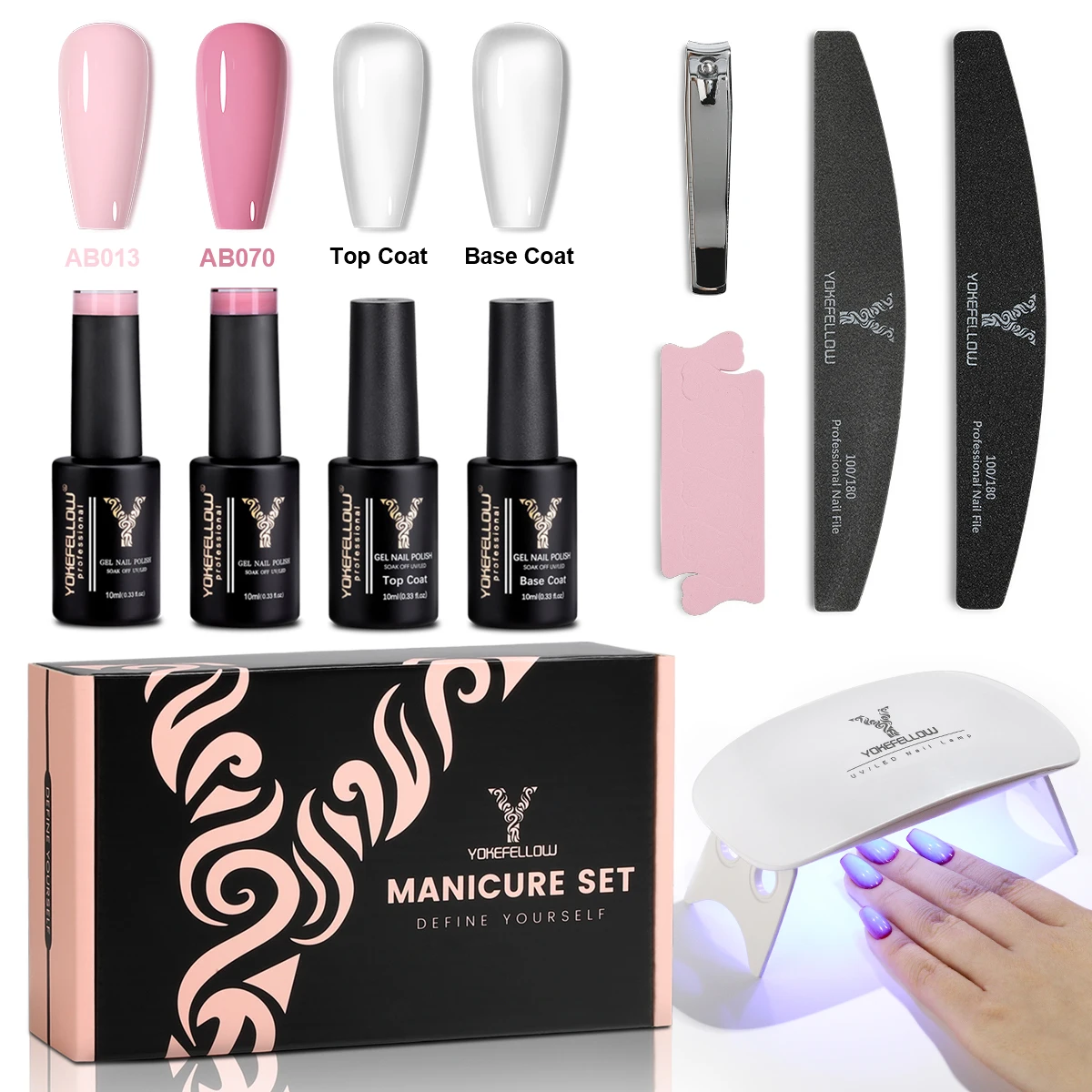 Yokefellow 9 pçs gel unha polonês starter kit com lâmpada uv pastel rosa gel base casaco superior ferramentas da arte do prego conjunto gel manicure kit