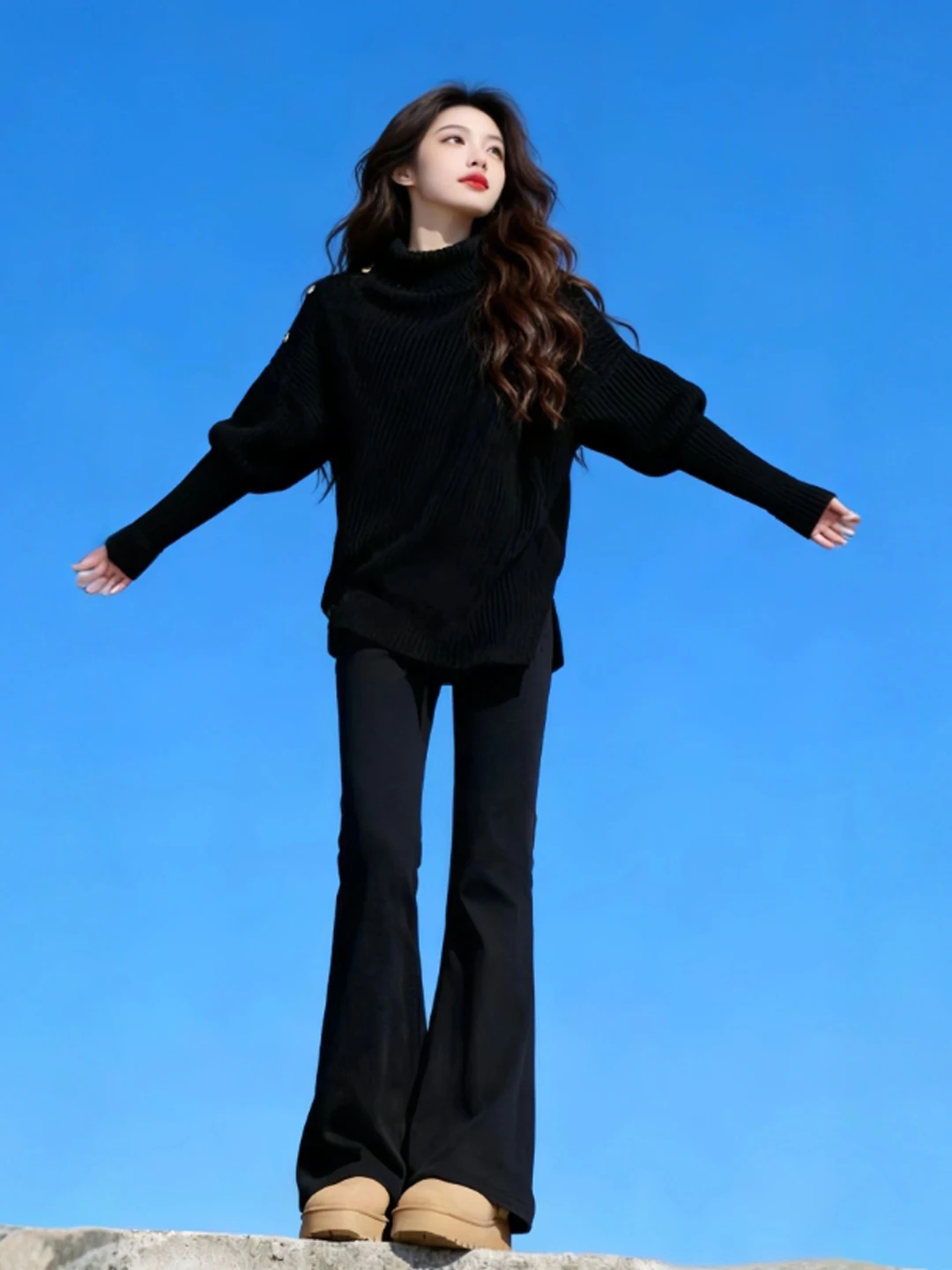 

Korean Sle Hepburn High Collar Asymmetrical Bla Sweater Faionable Trendy Top Ci Walk Country Tour Busin Par Dail...