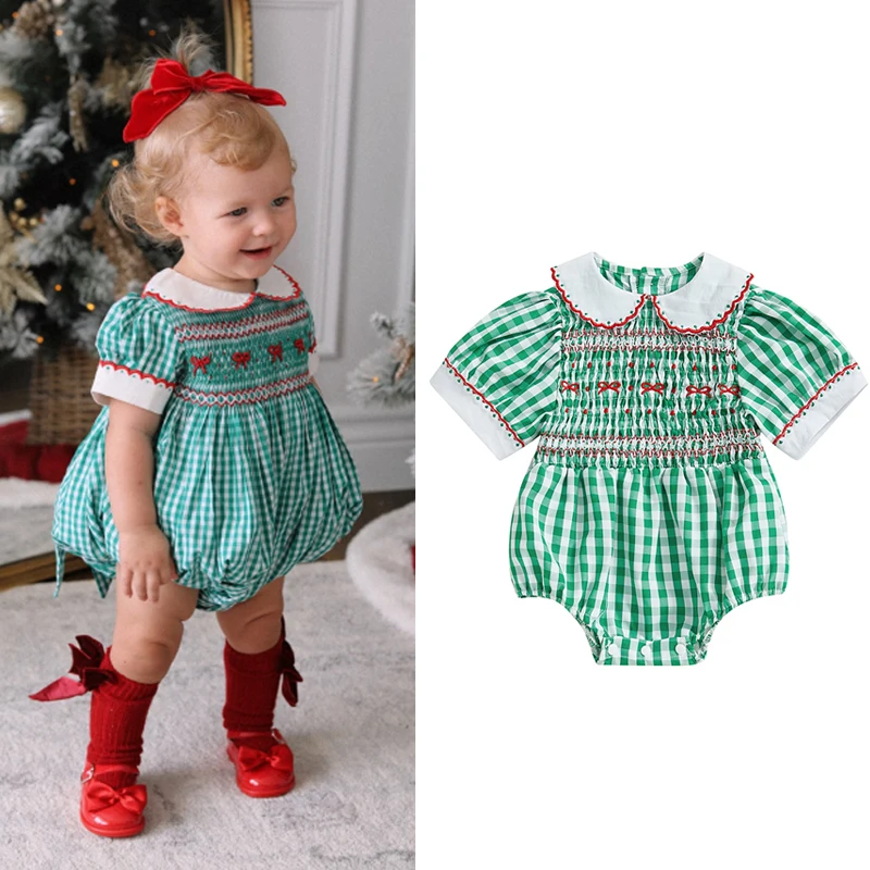 FOCUSNORM 0-24M Lovely Baby Girls Plaid Romper Short Sleeve Doll Collar Bows Embroidery Infant Bodysuit Summer Clothes