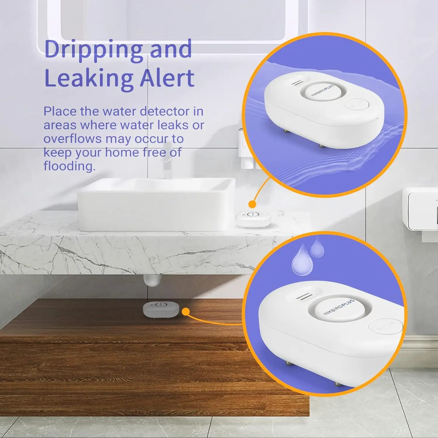 Inkbirdplus Smart Water Leak Detector with Leak and Drip Sensors 125db Adjustment Alarm Wifi Water Alarm 3 Pack for Bathroom