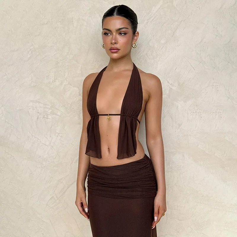 

Sexy Hollow out Strap High Waist Bodycon Long Skirt Set Women's Netting Skirt Fashionable Ensemble for Young Women 18-25
