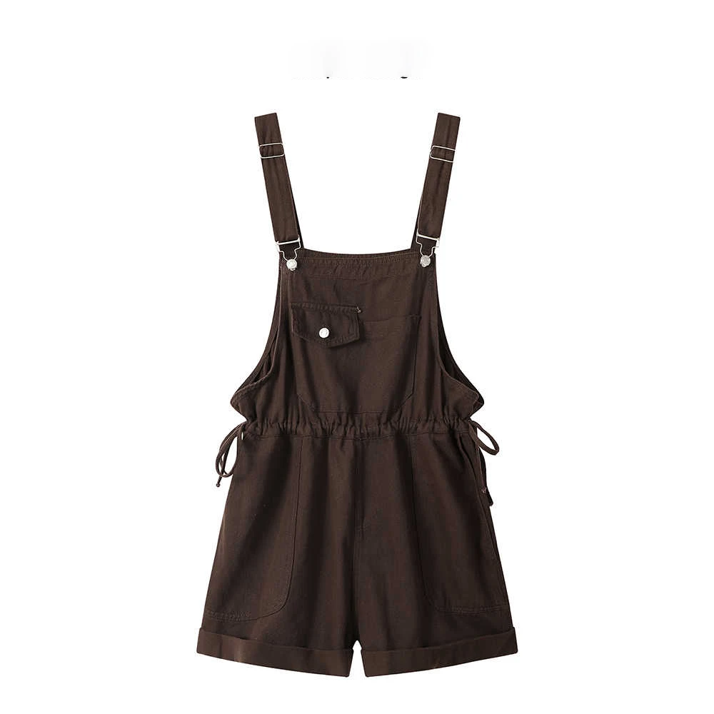 

Ретро джинсовые шорты-комбинезон кофейного цвета с завышенной талией, летние женские, с декоративными карманами, свободные, с отворотами, широкие штанины