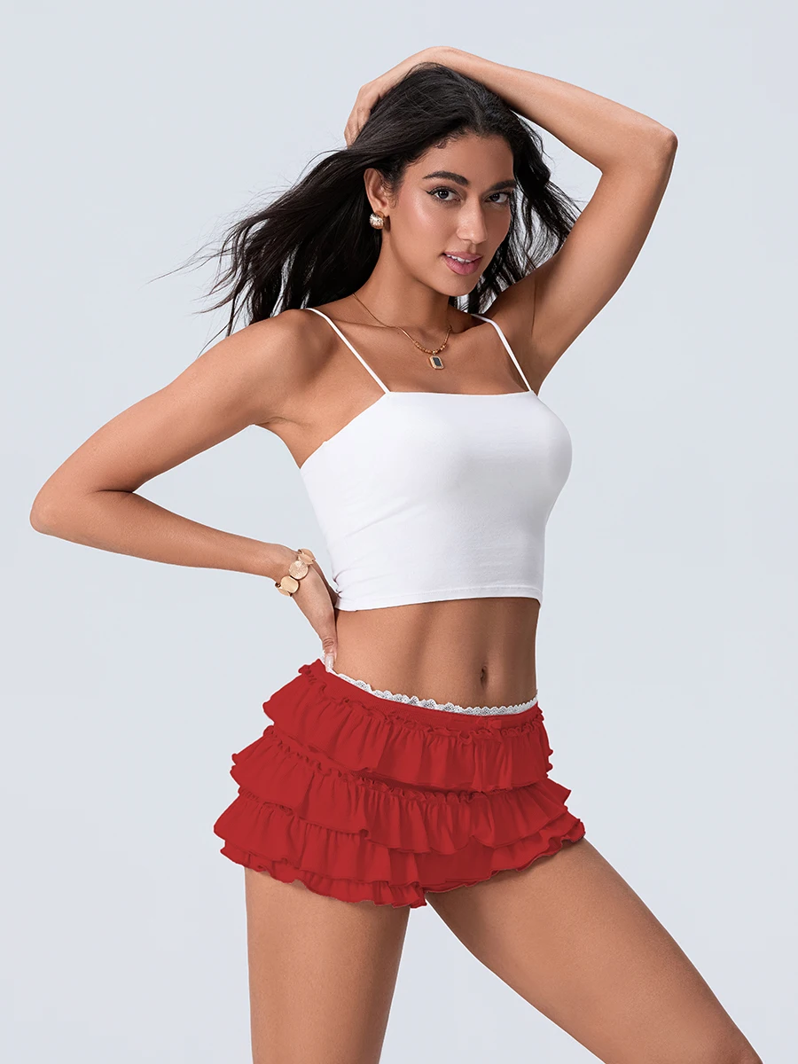 Women s Summer Low Rise Shorts Elastic Waistband Solid Color Tiered Ruffle Streetwear Shorts