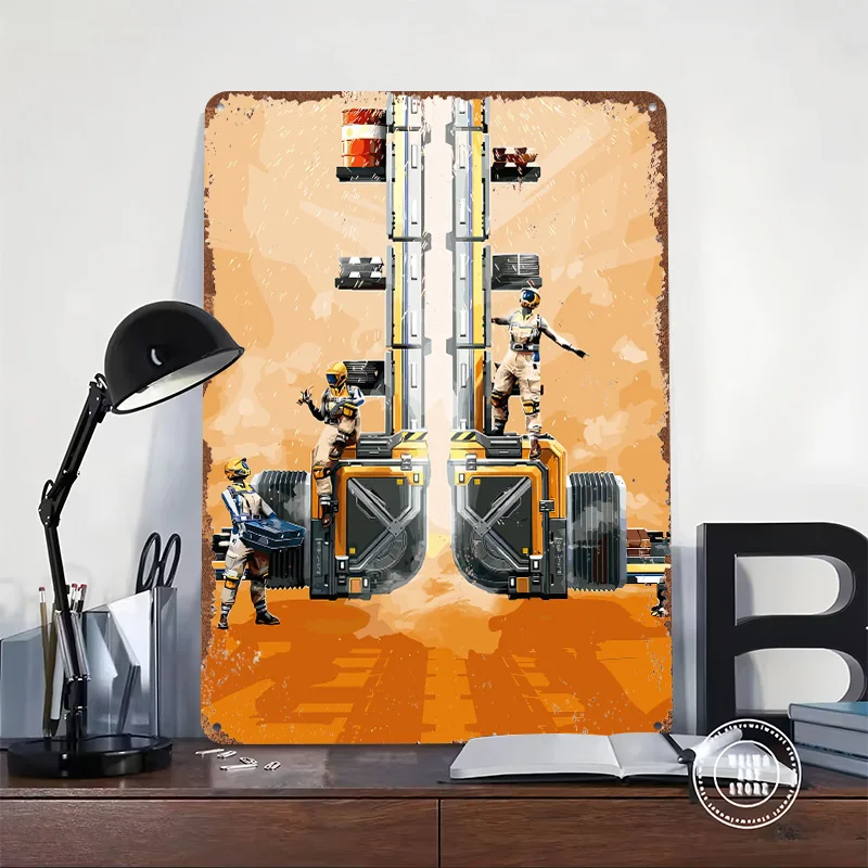 Satisfactory Game Scene With Engineers Metal Poster Customized Wall Art Retro Vintage Tinplate Signs for Home Decor Items House
