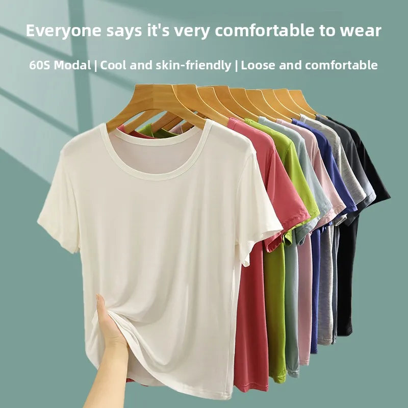 

Modal round Ne ort Sve Base irt Women Summer Thin Pure Color Loose Fit Slimming T-irt White Versatile Base Layer Top