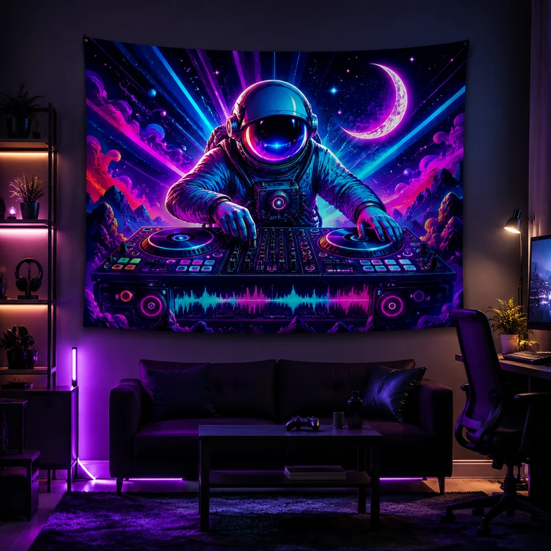 Vikama Psychedelic Alien Tapestry Sci-Fi Aesthetic Vikama Neon Dj Astronaut Tapestry Psychedelic Space Dj Booth Electronic