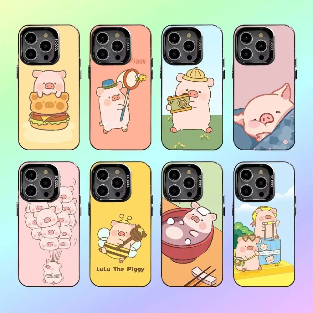 

C-Cartoon L-LuLu Pig Phone Case For iPhone17,16,15,14,13,12,11 Lens Border Silver Plated Cover Candy Matte Cover