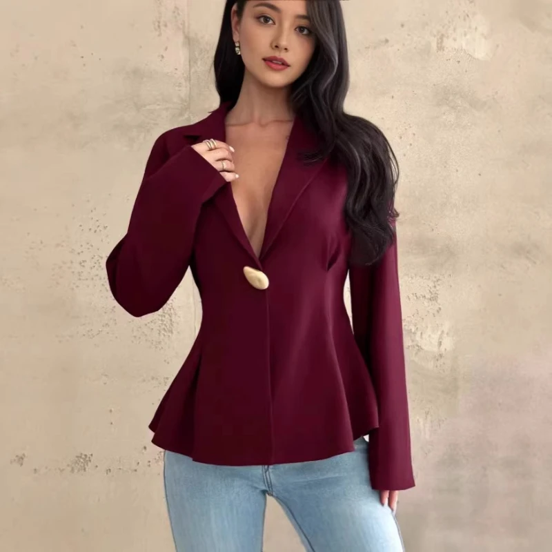 Veste de costume pour femme, nouvelle mode printemps 2026, couleur unie, personnalité, col en V, coupe ajustée, un bouton