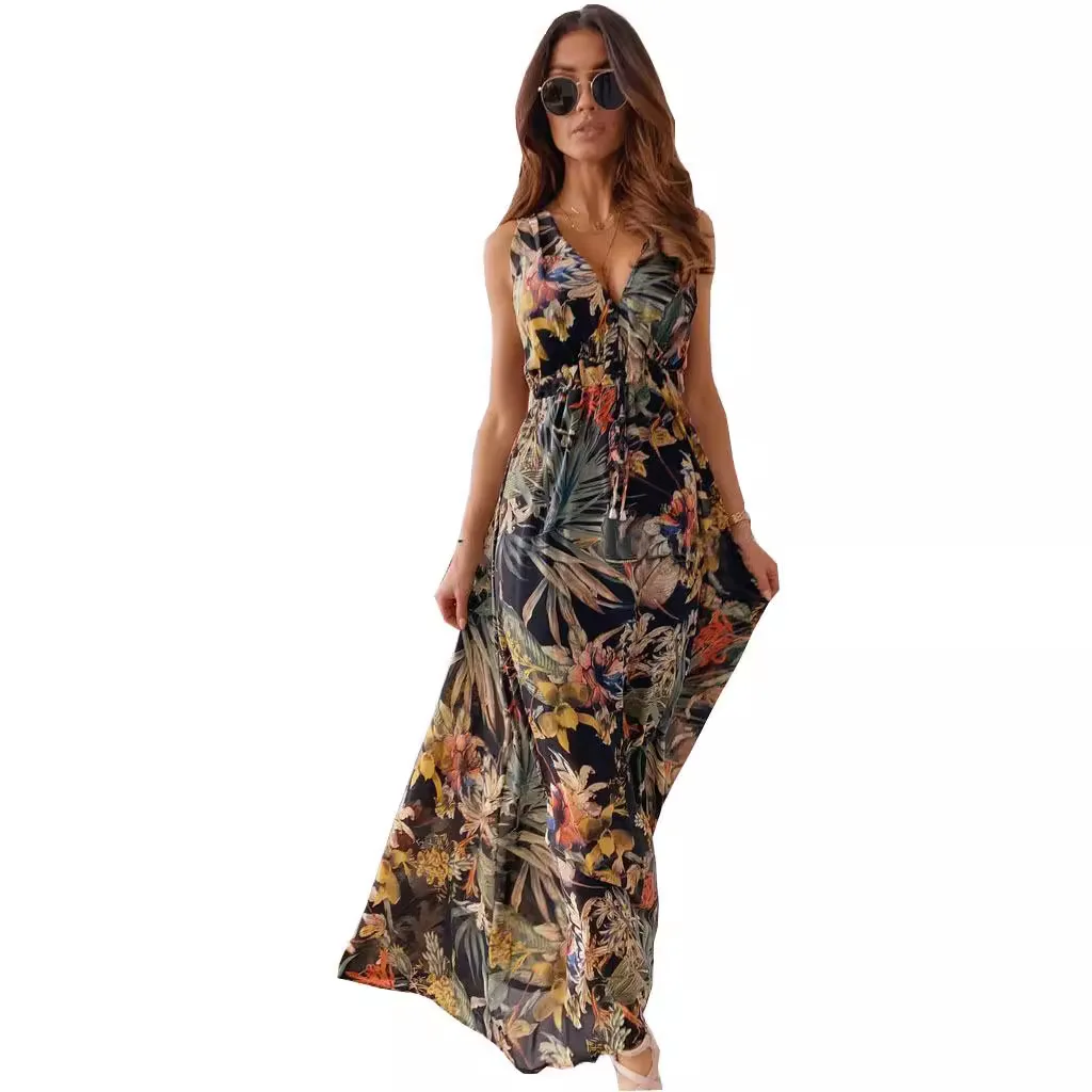 2025 Summer New Sleeveless V-neck Printed Backless Tie-Waisted Large Skirt Dress Vestidos De Mujer
