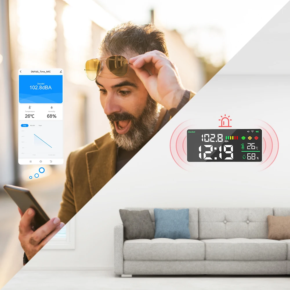 Medidor de Decibéis Wi-Fi com Temperatura e Umidade, Display LED Grande Inteligente, Medidor de Nível de Ruído Montado na Parede