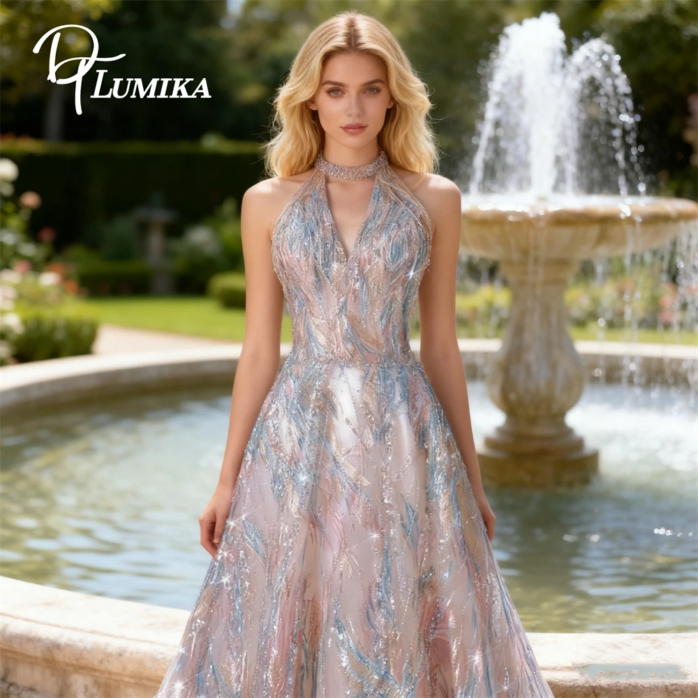 

DTLumika сексуальные вечерние платья с бретелькой на шее для женщин, платья макси с блестками, настоящие фото, вечерние платья, индивидуальный размер, свадебное платье для гостей