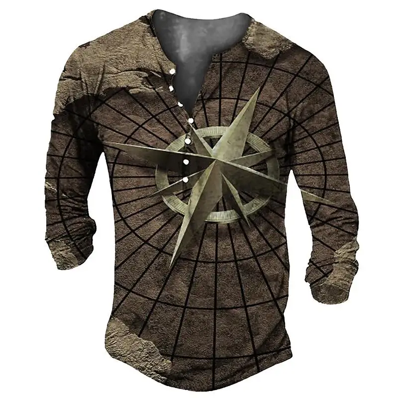 Vintage V-neck Henley Shirt Navigation 3d Gothic Long Sleeve T Shirt For Men 5xl Oversized Tops Tee Shirt Man Punk Streetwear