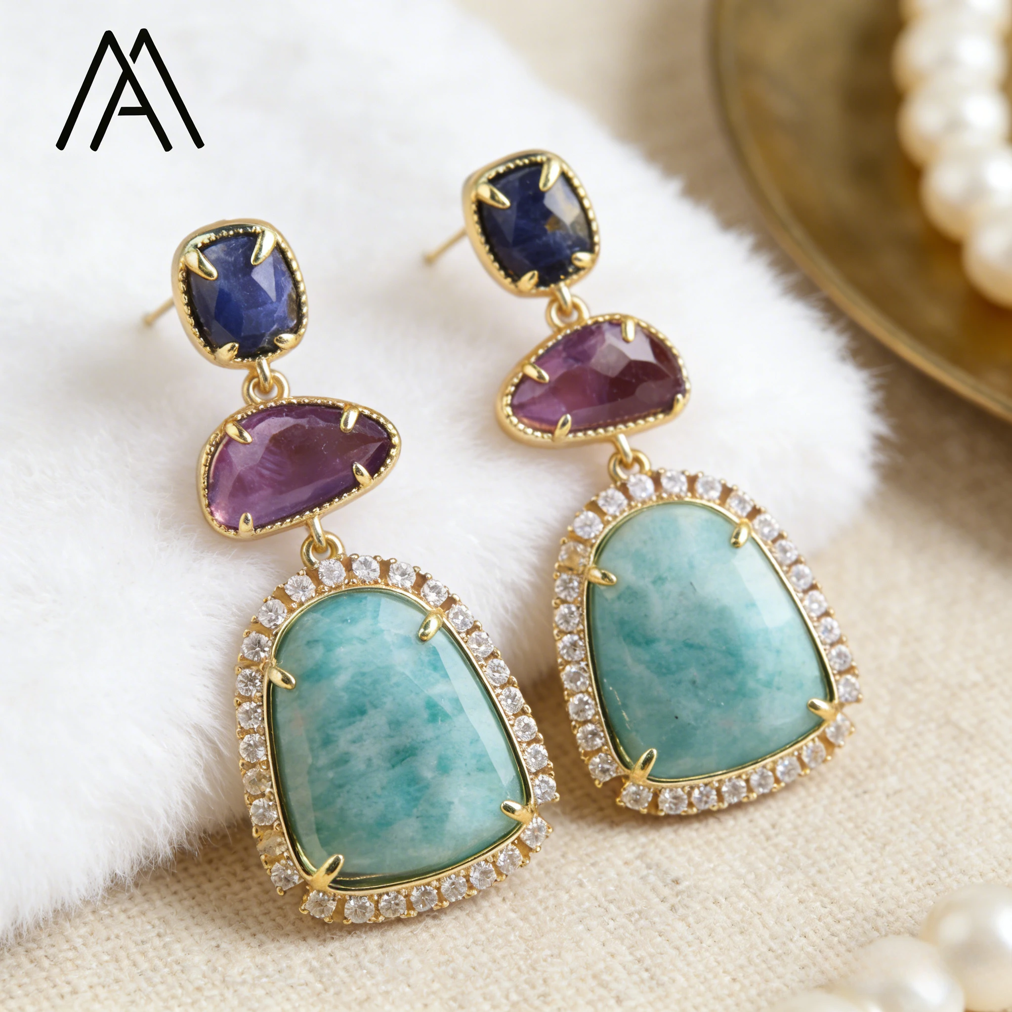 

Natural Gemstone Earrings Amazonite Lapis Amethyst Earring Gold-Plated Diamond-Studded Earrings Luxury-Inspired Women's Jewelry