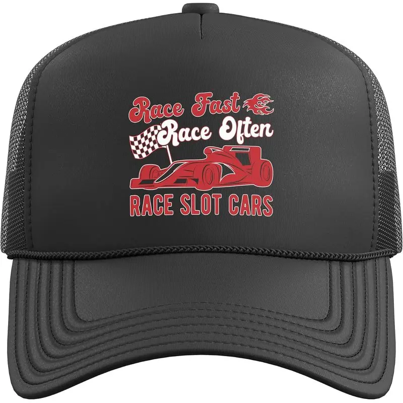Race Fast Race Often Race Slot Cars Racetrack Slotrace Trucker Hat with Adjustable Mesh Back