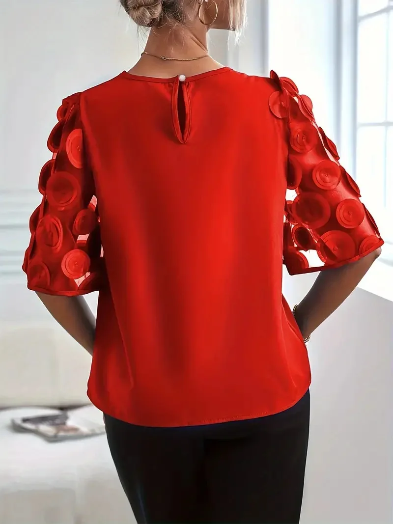 Summer and Autumn fashionable Solid Color Lace half sleeve round neck Tops blouse shirt for women