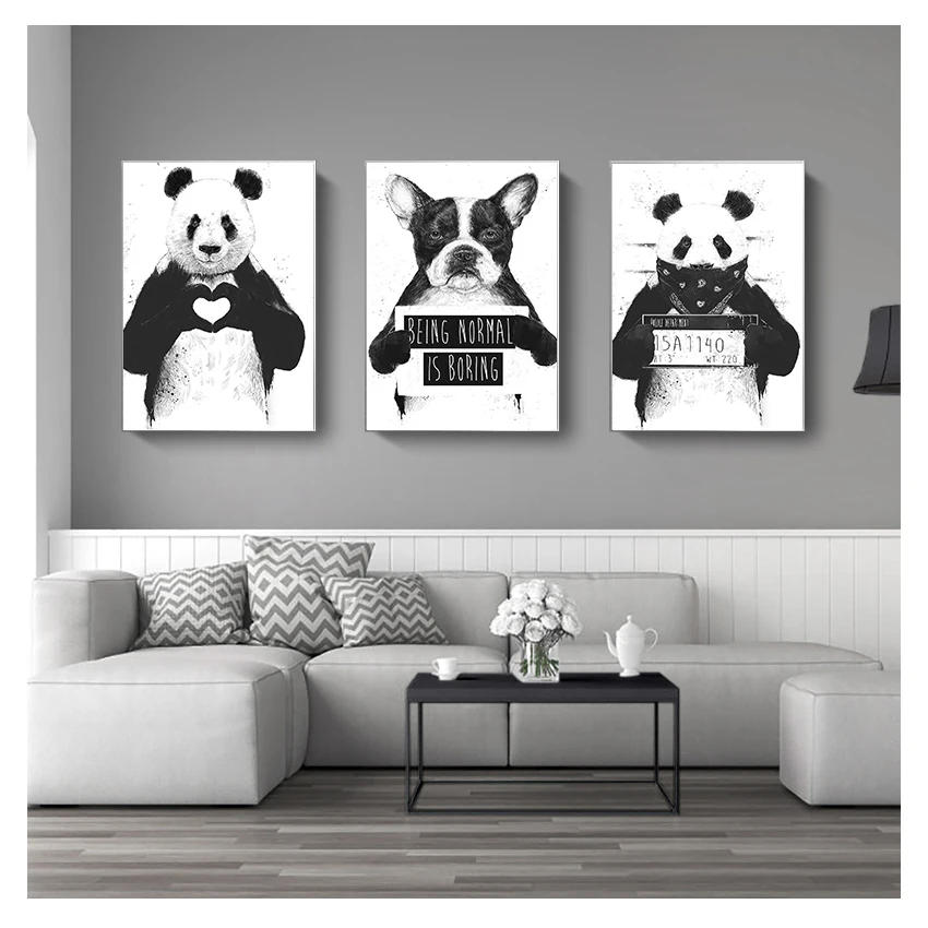 Nordic Cartoon Canvas Painting Wall Art Cute Panda Boston Terrier Pictures Modern Home Decor Funny Black White Animals Poster