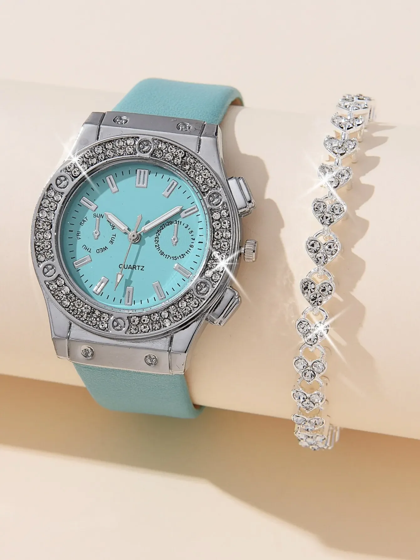 Women's Belt Quartz Watch & Bracelet 2pcs Set, Fashion Casual Elegant Glamorous Rhinestone Minimalist Dial Watch, Suitable For Daily Wear, Party Decoration, Valentine's Day, Mother's Day And Various Holiday Gifts