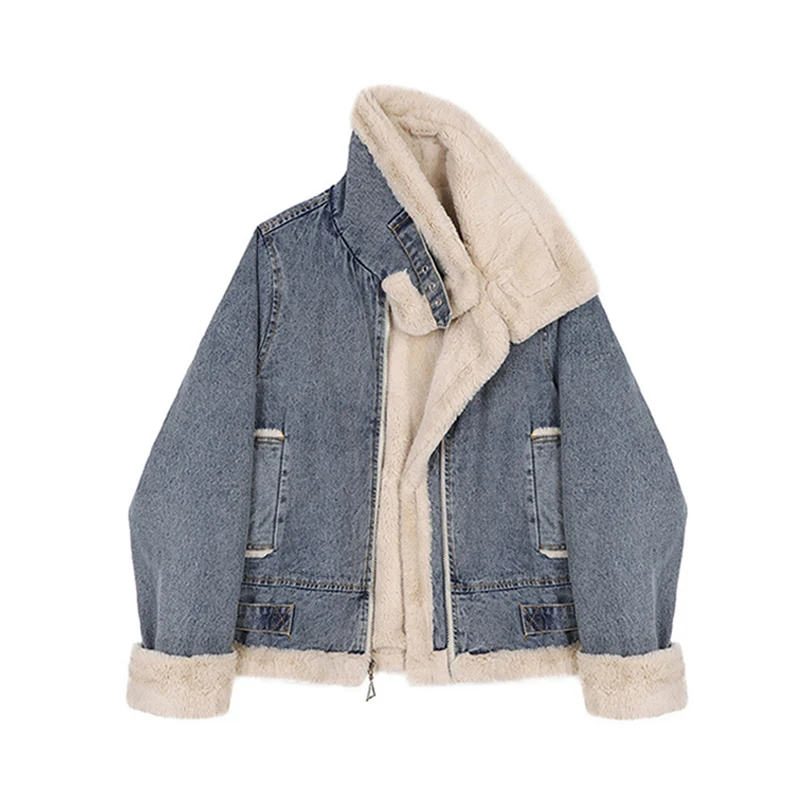 

Women's Denim Jackets Fall Winter Thick Fleece Stand Collar Solid Color Fashion High Street Thermal Outerwear for 18-24Y