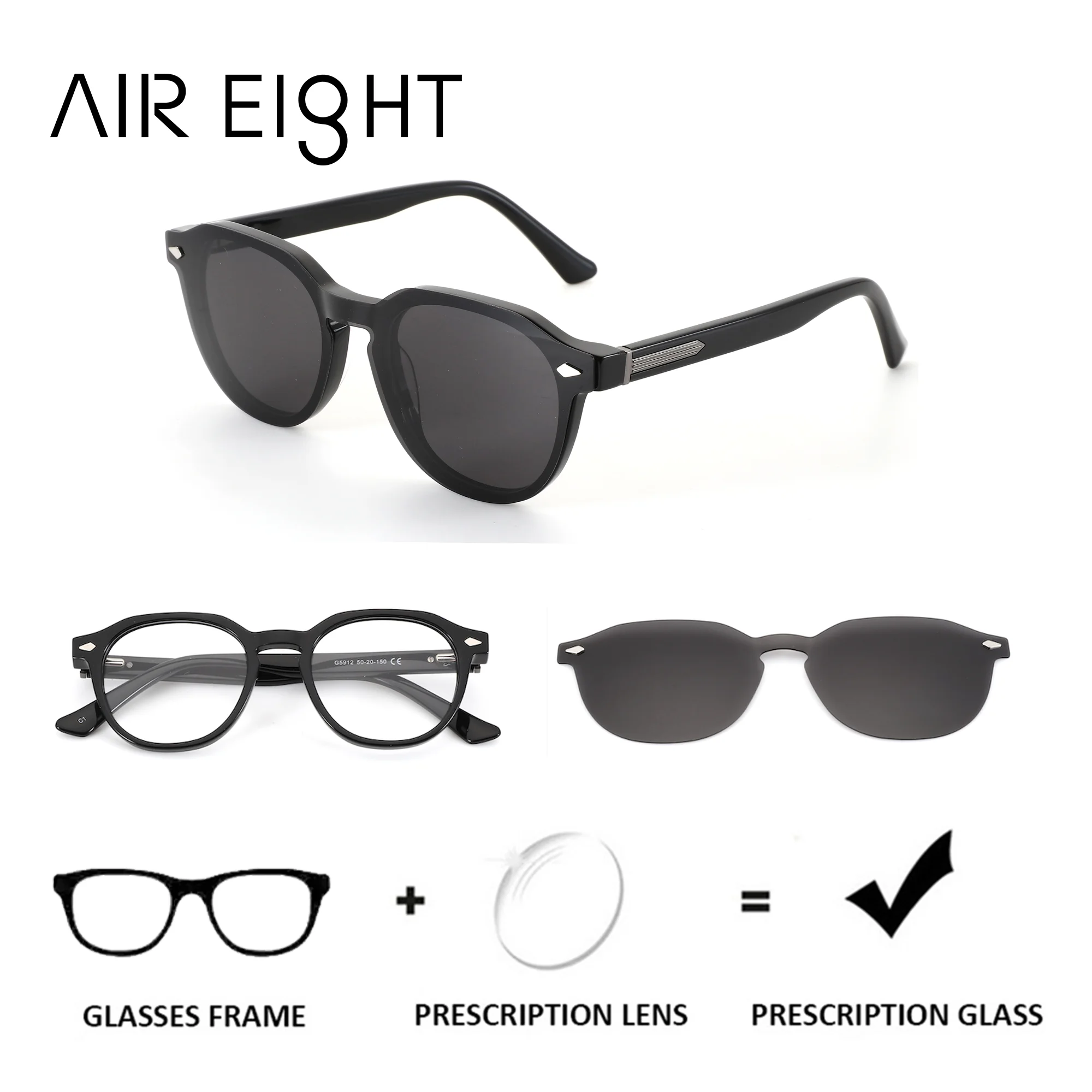 AIREIGHT Handmade Acetate Rectangle Clip on Prescription Glasses For Men Magnetic Photochromic/Myopia Graduated Eyeglasses