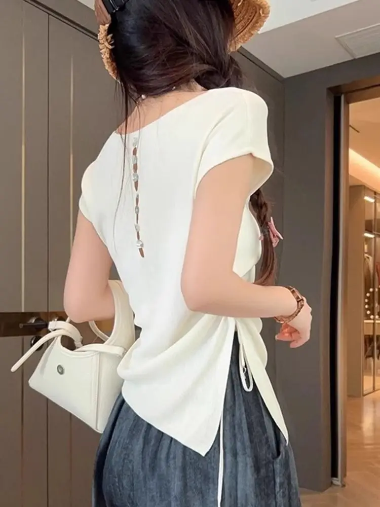 Summer Y2k Clothing Hollow Out Back Design Top V-neck Slim T-shirt Sleeveless New Solid Ice Silk Knitwear Women Pullover Chic