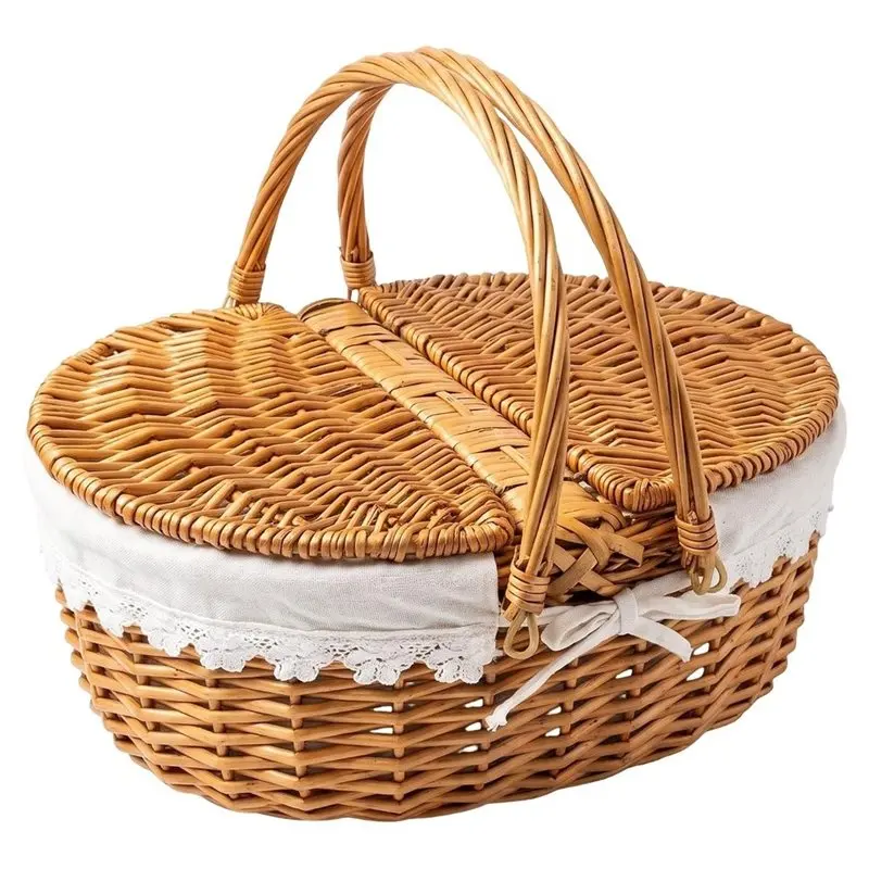 AWAH Braided Wicker Picnic Basket With Lid, Handmade Wicker Basket With Handle And Liner, Shopping Basket