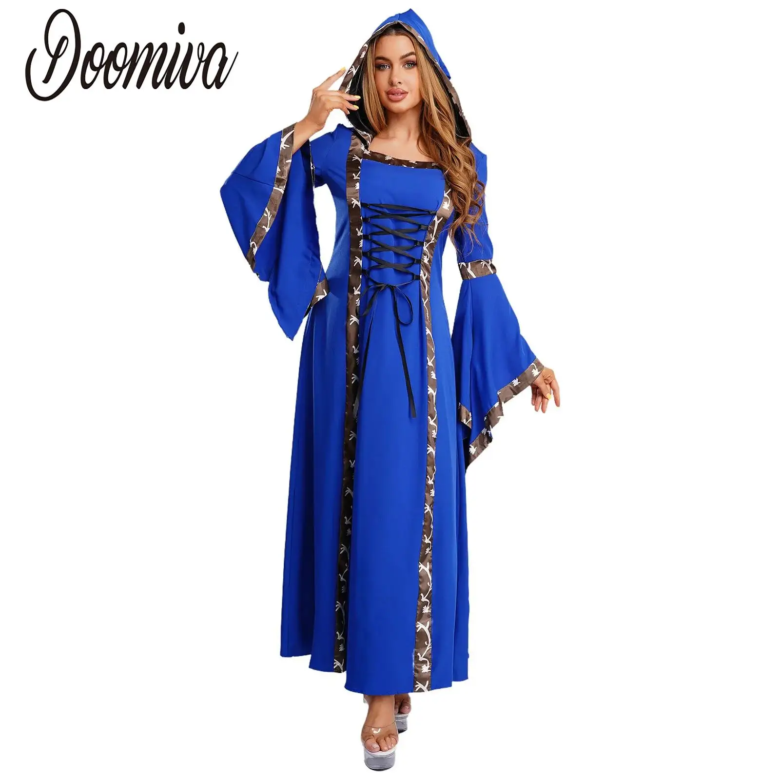 

Women Medieval Victorian Palace Robe Dress Long Flared Sleeve Hooded Lace-up Dress for Halloween Gothic Vampire Witch Cosplay