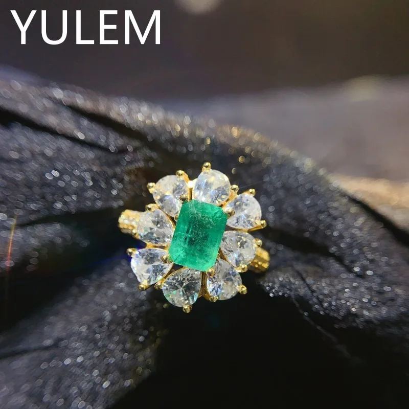 YULEM Silver 925 Ring for Women Natural Emerald 5x7mm Rectangle Jewelry Gemstone Rings for Women Daily Wear