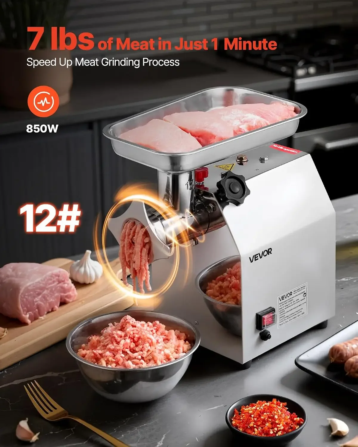 Commercial Electric Meat Grinder, 7 lbs/min Capacity, #12 Industrial Meat Mincer with 2 Stainless Steel Blades, 2 Grinding Plate