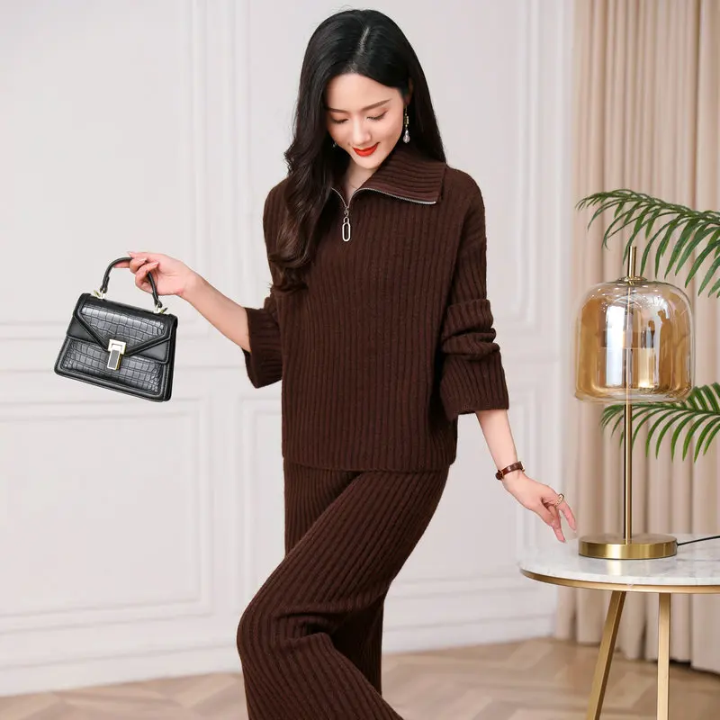 

Autumn Winter Women Soft Knitted Twinset Beige Coffee Gray Sweater And Skirt 2PCS Suit Set Cosy Ripple Knitwear Braided Garment