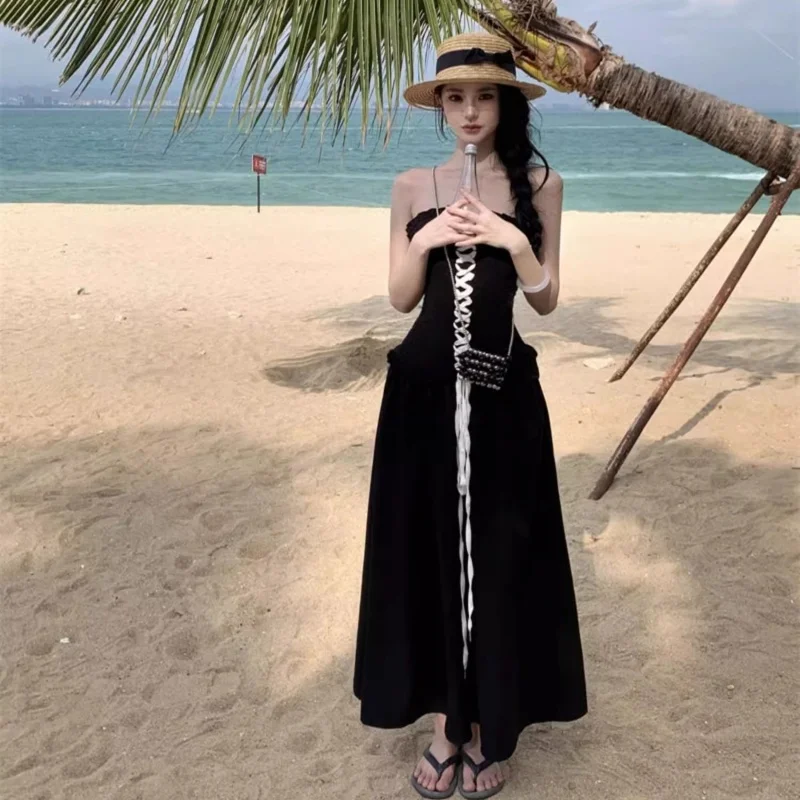 Women Chic Design Strapless  Long Dress Lady Black Tie-Strap Slim Concise Sexy Dress Female Beach Vacation Dress