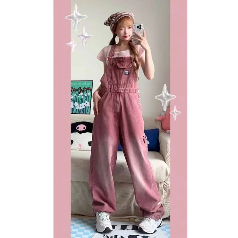 

Denim Jumpsuits for Women Korean Style One Piece Outfit Women Rompers Oversized Casual Vintage Playsuits Straight Wide Leg Pants